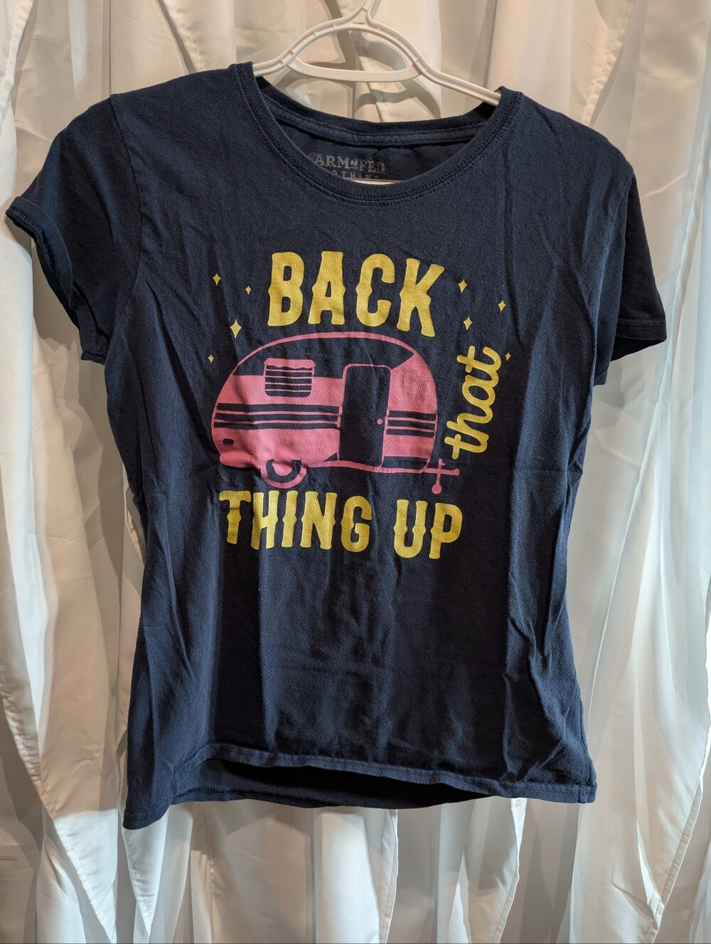 E3 Farm Fed Clothing "Back That Thing Up" Camper Graphic Tee Shirt Navy Blue M